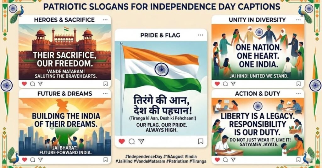 Patriotic slogans for Independence Day captions.