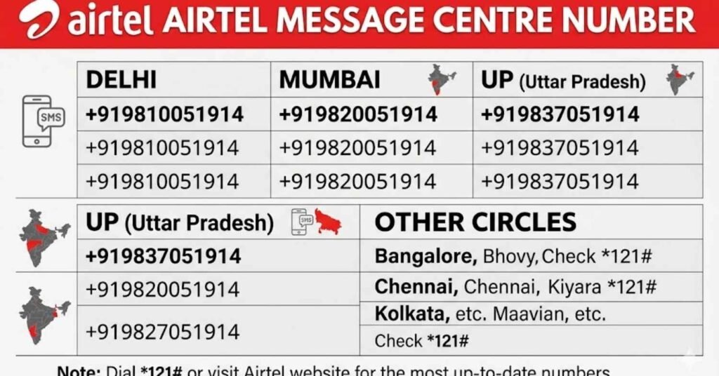 Airtel Message Centre Number for Delhi Mumbai UP and Other Circles